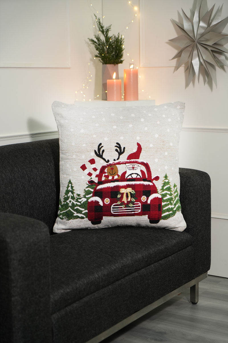 Santa Car Jacquard Woven Cushion with Filler ( A Set Of Two Pieces) - FAB NATURA