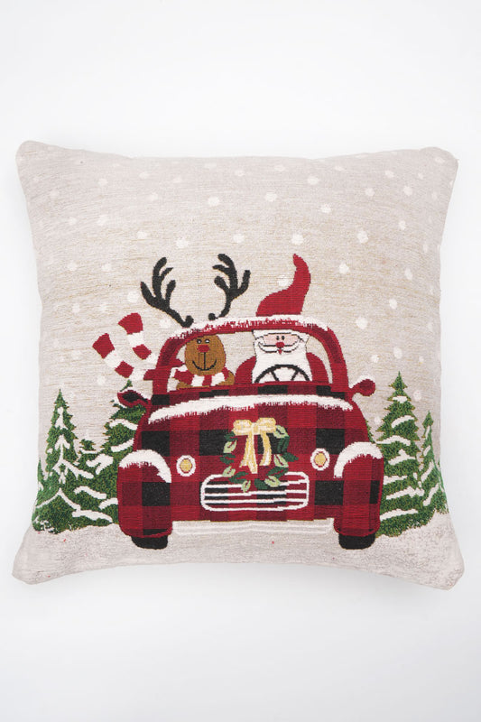 Santa Car Jacquard Woven Cushion with Filler ( A Set Of Two Pieces) - FAB NATURA