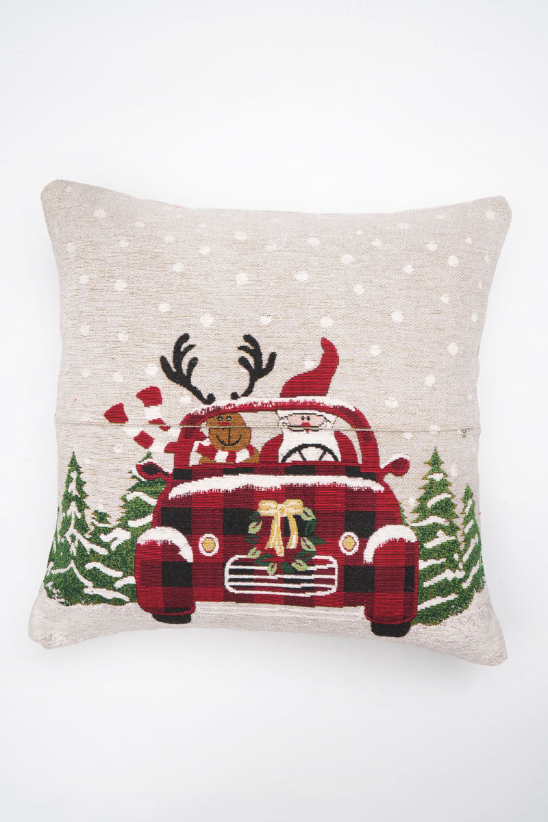 Santa Car Jacquard Woven Cushion with Filler ( A Set Of Two Pieces) - FAB NATURA